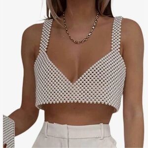 Chic Pearl-Studded White Crop Top